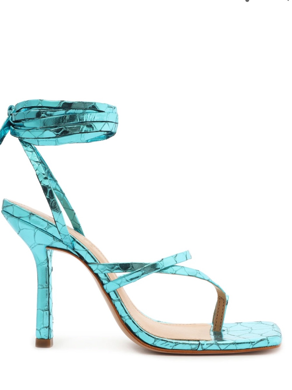 SCHUTZ Metallic Teal Lace-Up Stiletto Sandals